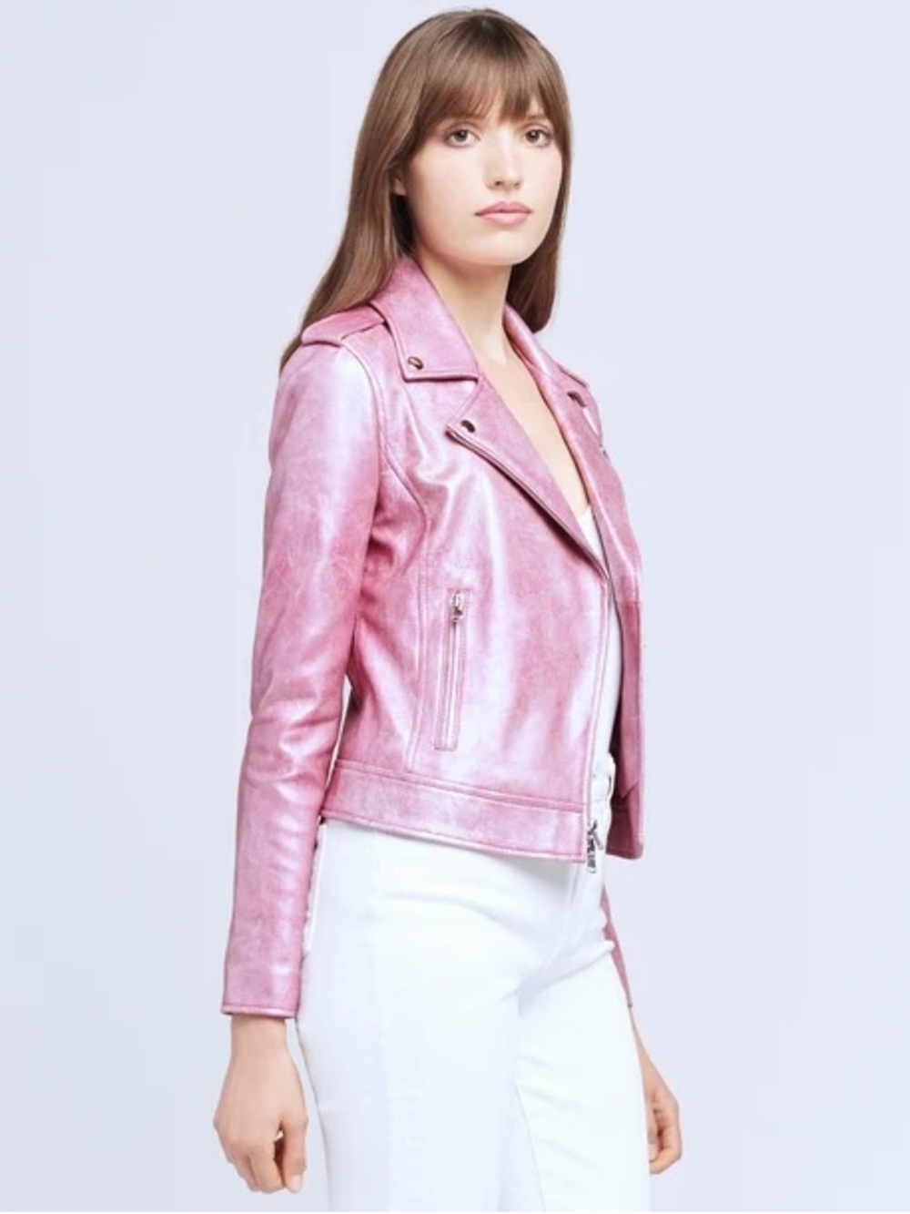 L'AGENCE Rose Violet Metallic Pink Leather Moto Lambskin Biker Jacket S